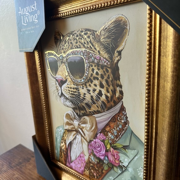 Leopard with Sunglasses & Tuxedo Gold Framed Wall Art Shiny Embellishments NWT - Picture 3 of 5